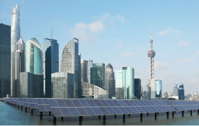 solar panels along city shoreline